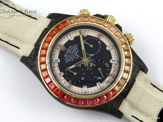 MiroTime 0504 Refined Daytona DIW Carbon Case DIWF Edition Black White Dial Orange Diamonds Bezel on White Nylon Strap A 1668